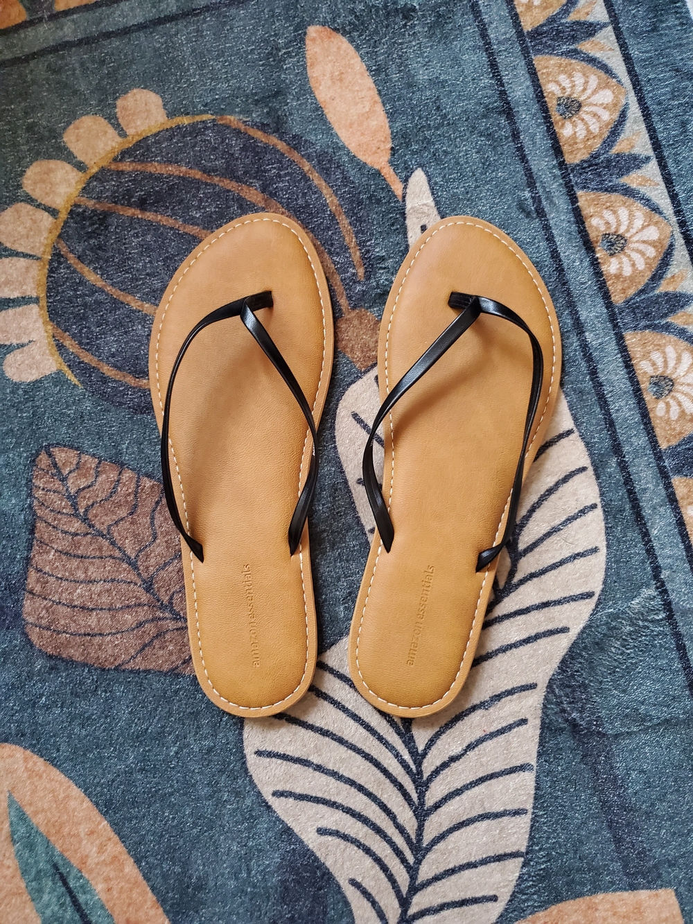 Women’s Amazon Tan Faux-Leather Flip Flop Sandals with Black Straps